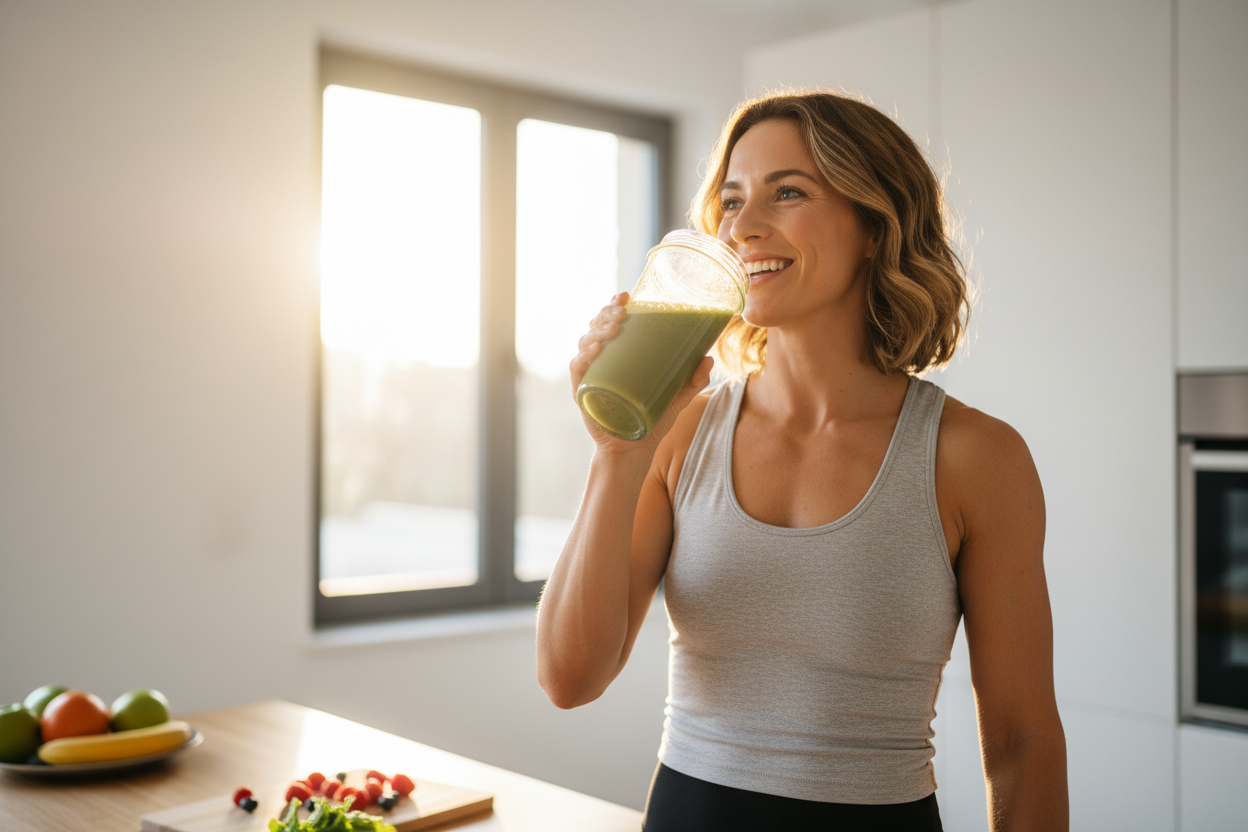 no need any text. i need a healthy person intaking supplements. no need to show medicine bottle. 